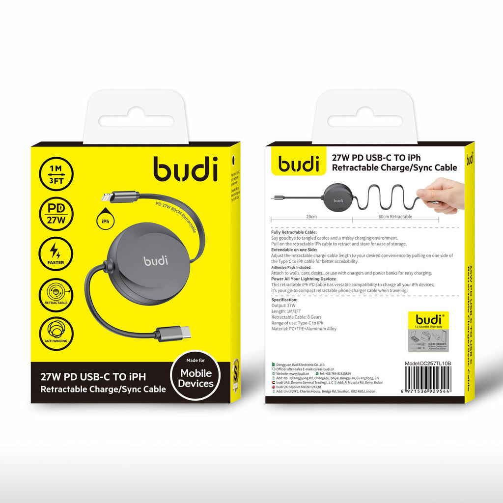 Budi DC257TL10B — Kabel USB-C naar USB-C, 27W, 1 m, zwart