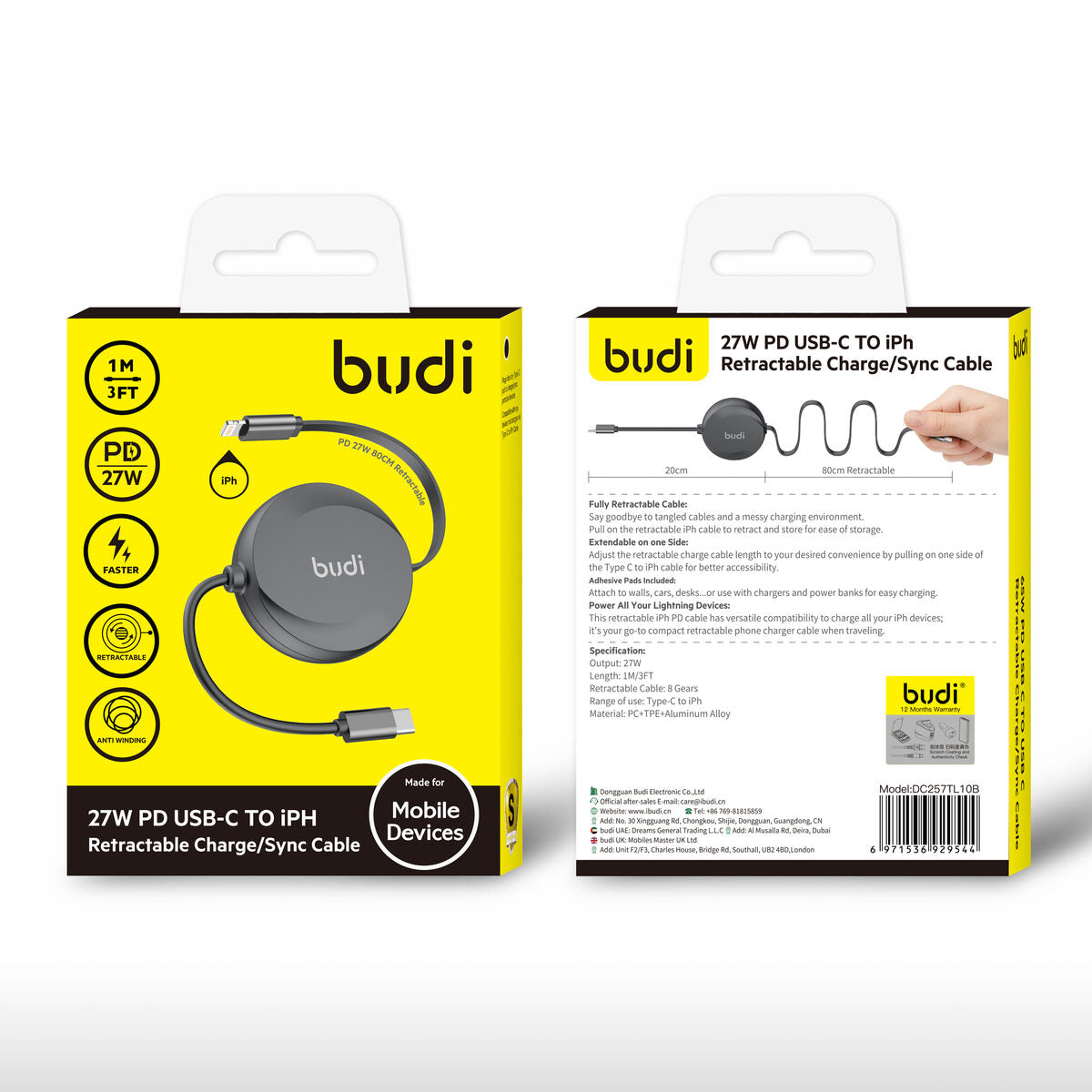 Budi DC257TL10B — Kabel USB-C naar USB-C, 27W, 1 m, zwart