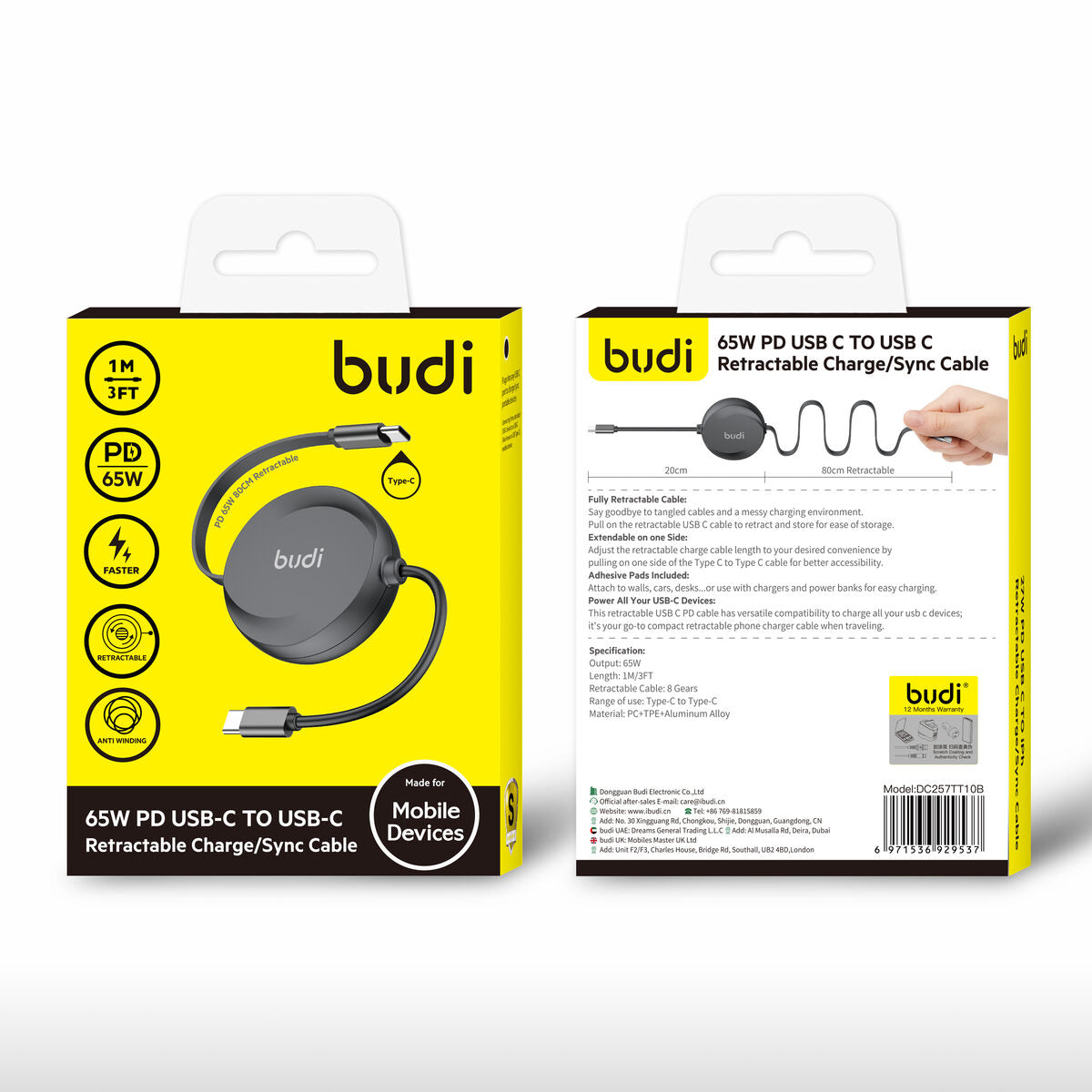 Budi DC257TT10B — Kabel USB-C naar USB-C, 65W, 1 m, zwart