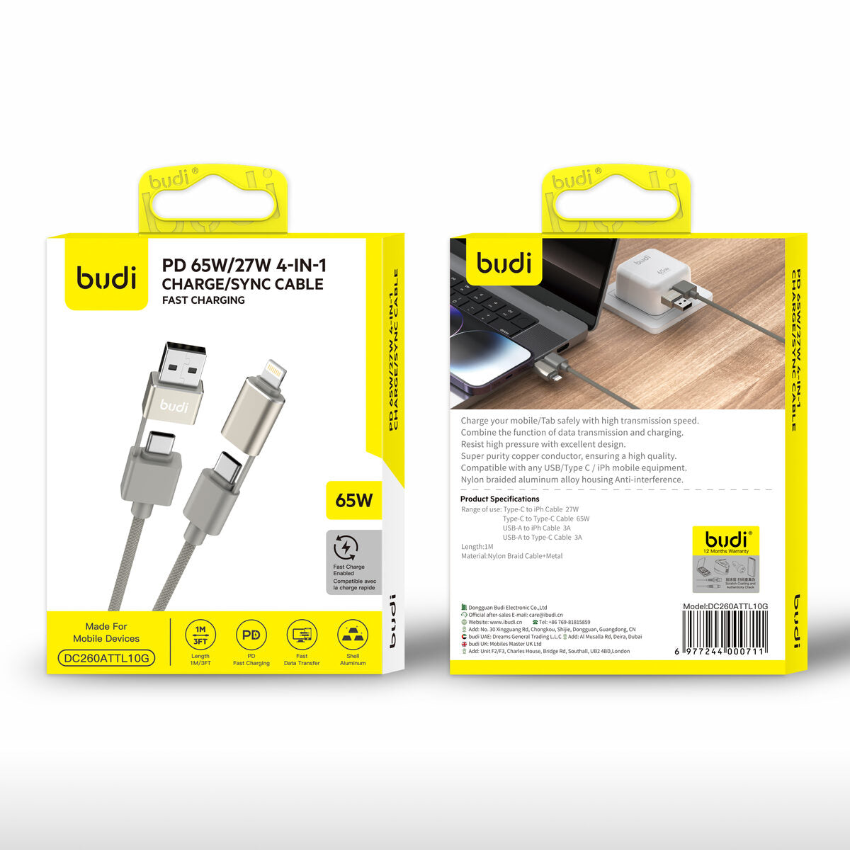 Budi DC260ATTL10G — Kabel 65W, 1 m, gold