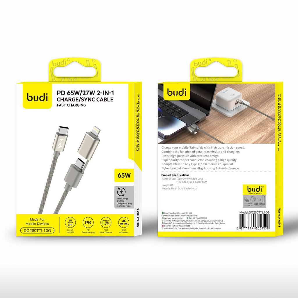 Budi DC260TTL10G — Kabel 2-in-1, 27W, 1 m, gold