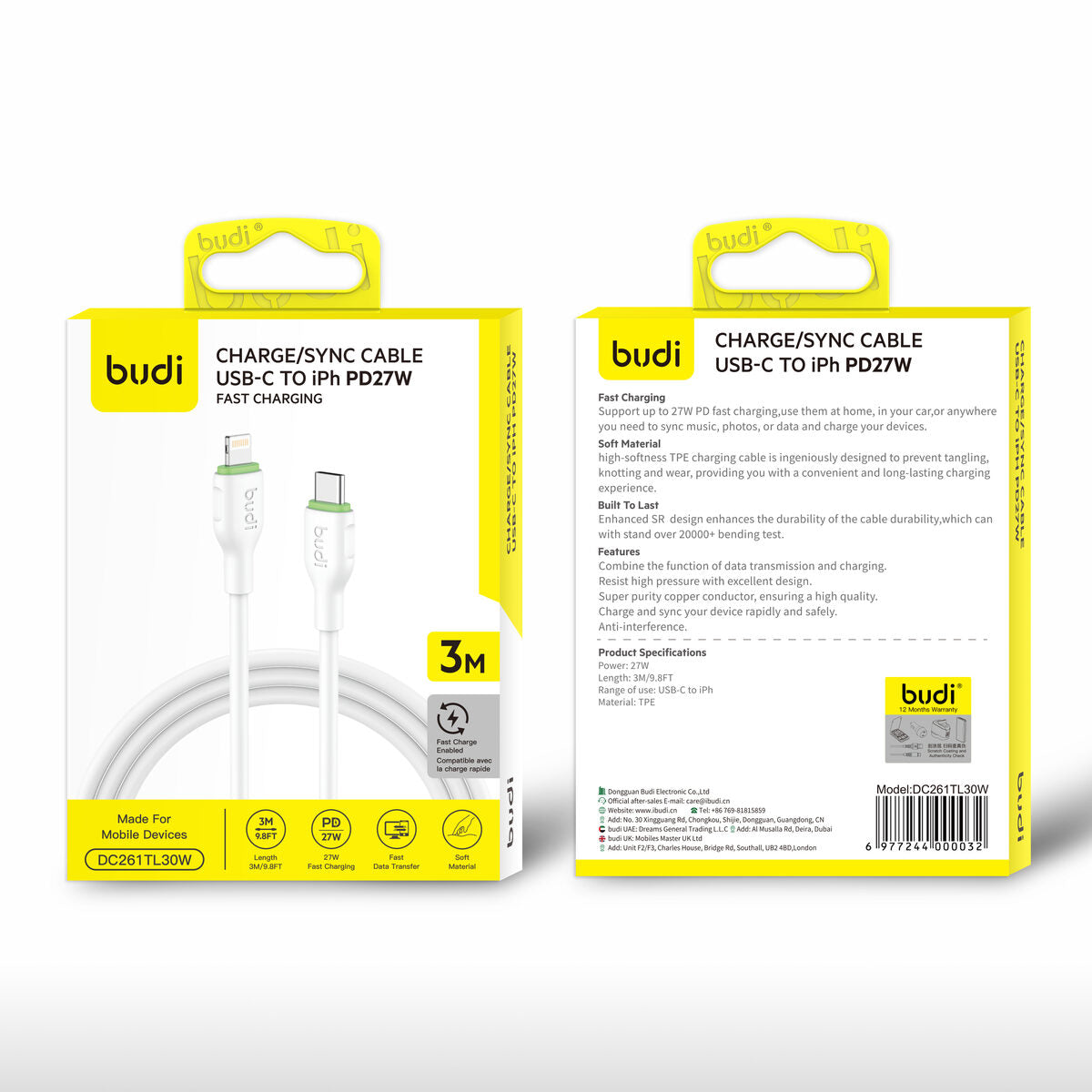 Budi DC261TL12W — Kabel USB-C naar Lightning, 27W, 1.2 m, wit