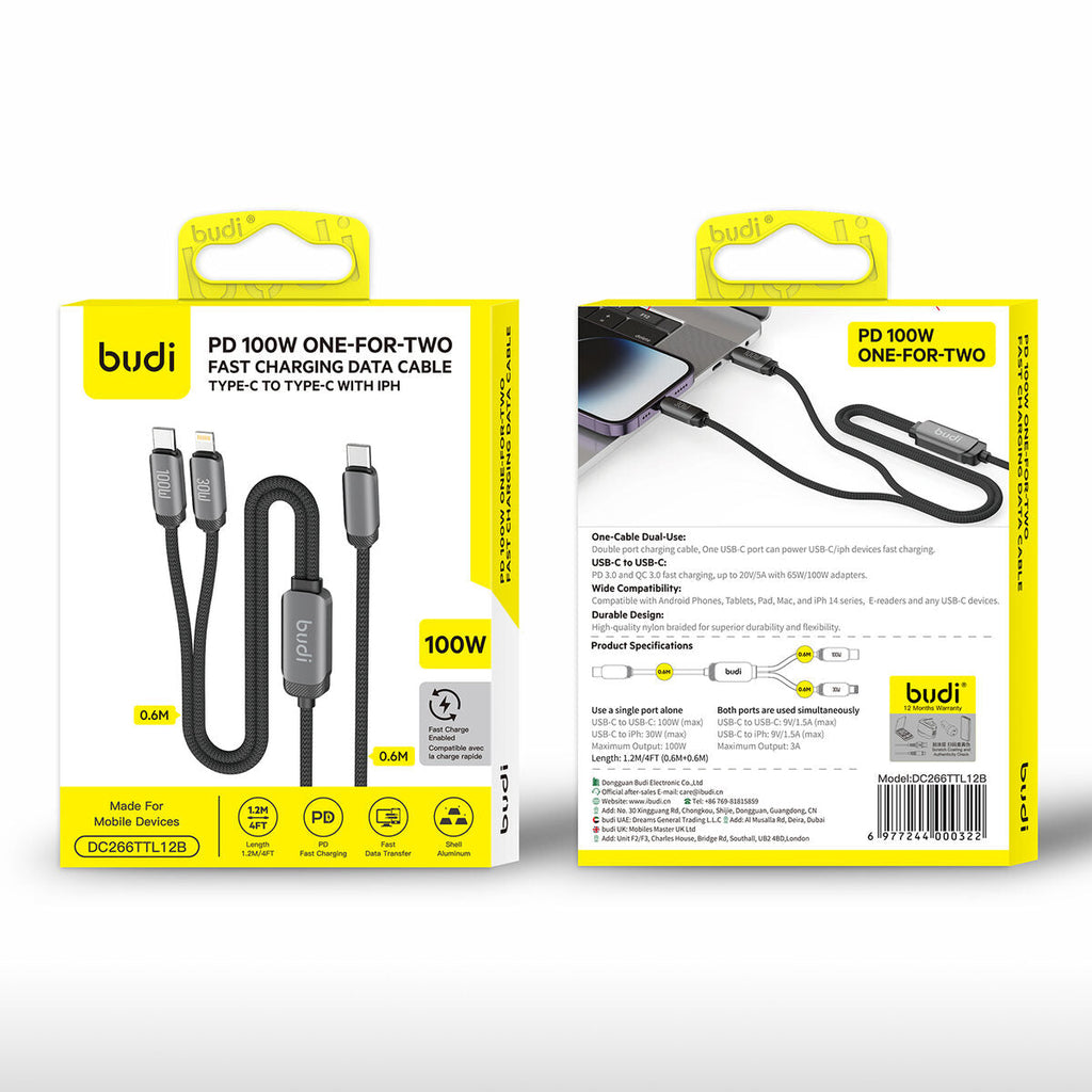 Budi DC266TTL12B — Kabel 2-in-1, 100W, 1.2 m, zwart