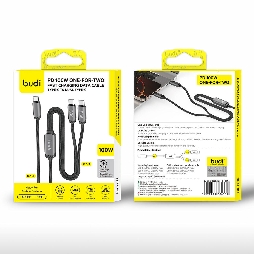 Budi DC266TTT12B — Kabel 2-in-1, 100W, 1.2 m, zwart