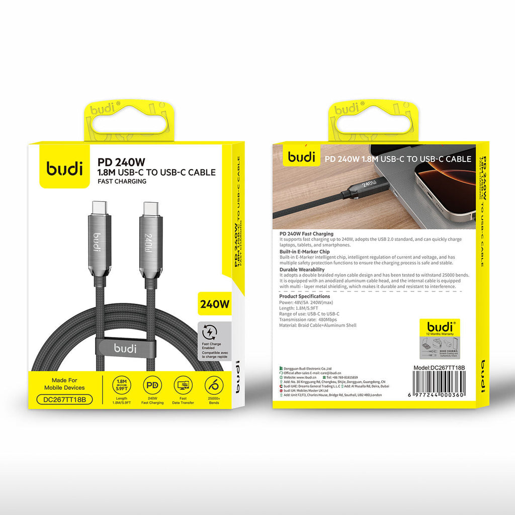Budi DC267TT18B — Kabel USB-C naar USB-C, 240W, 1.8 m, zwart