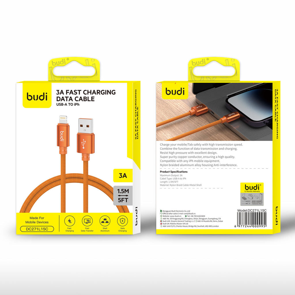 Budi DC271L15C — Kabel USB-A naar Lightning, 1.5 m, oranje