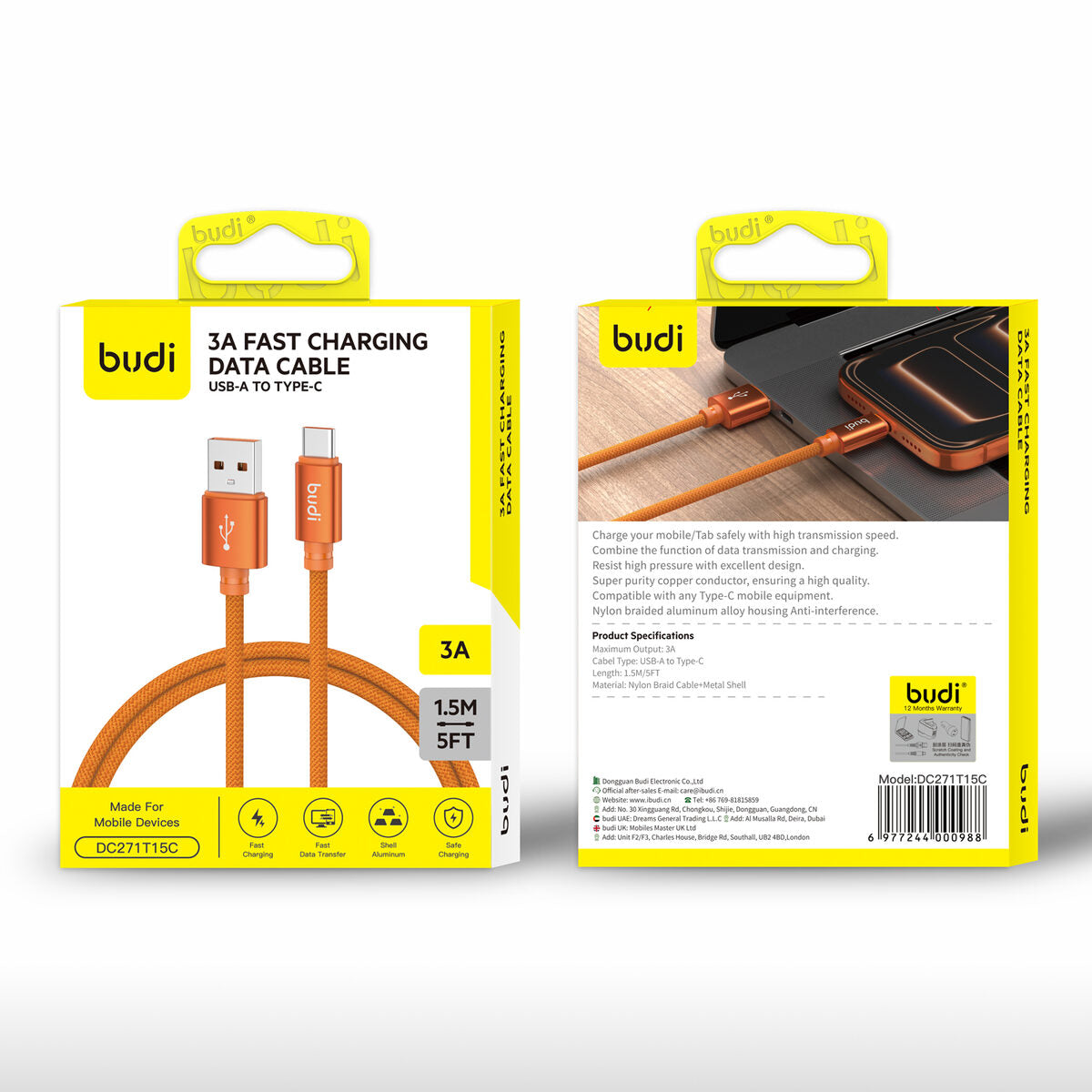 Budi DC271T15C — Kabel USB-A naar USB-C, 1.5 m, oranje