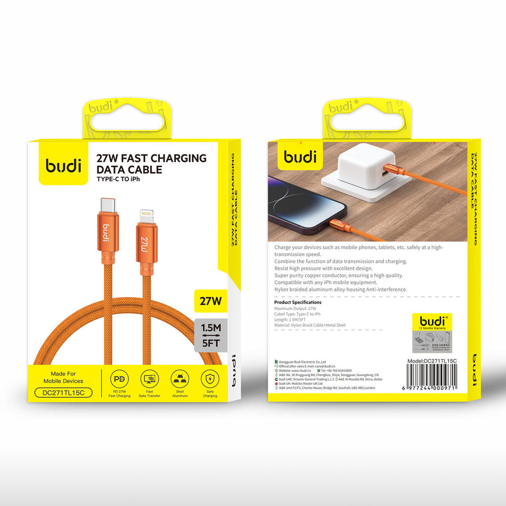 Budi DC271TL15C — Kabel 27W, 1.5 m, oranje