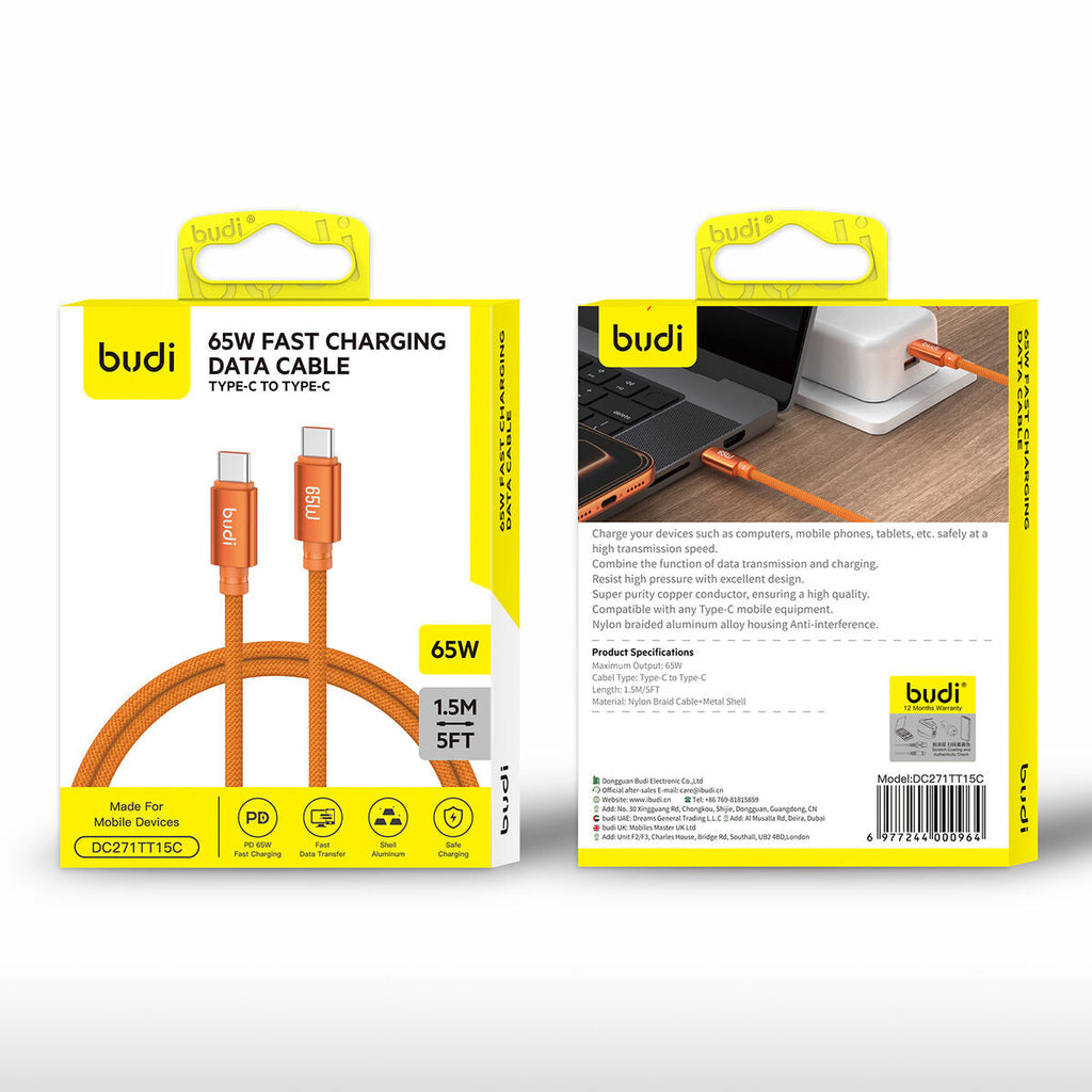 Budi DC271TT15C — Kabel 65W, 1.5 m, oranje