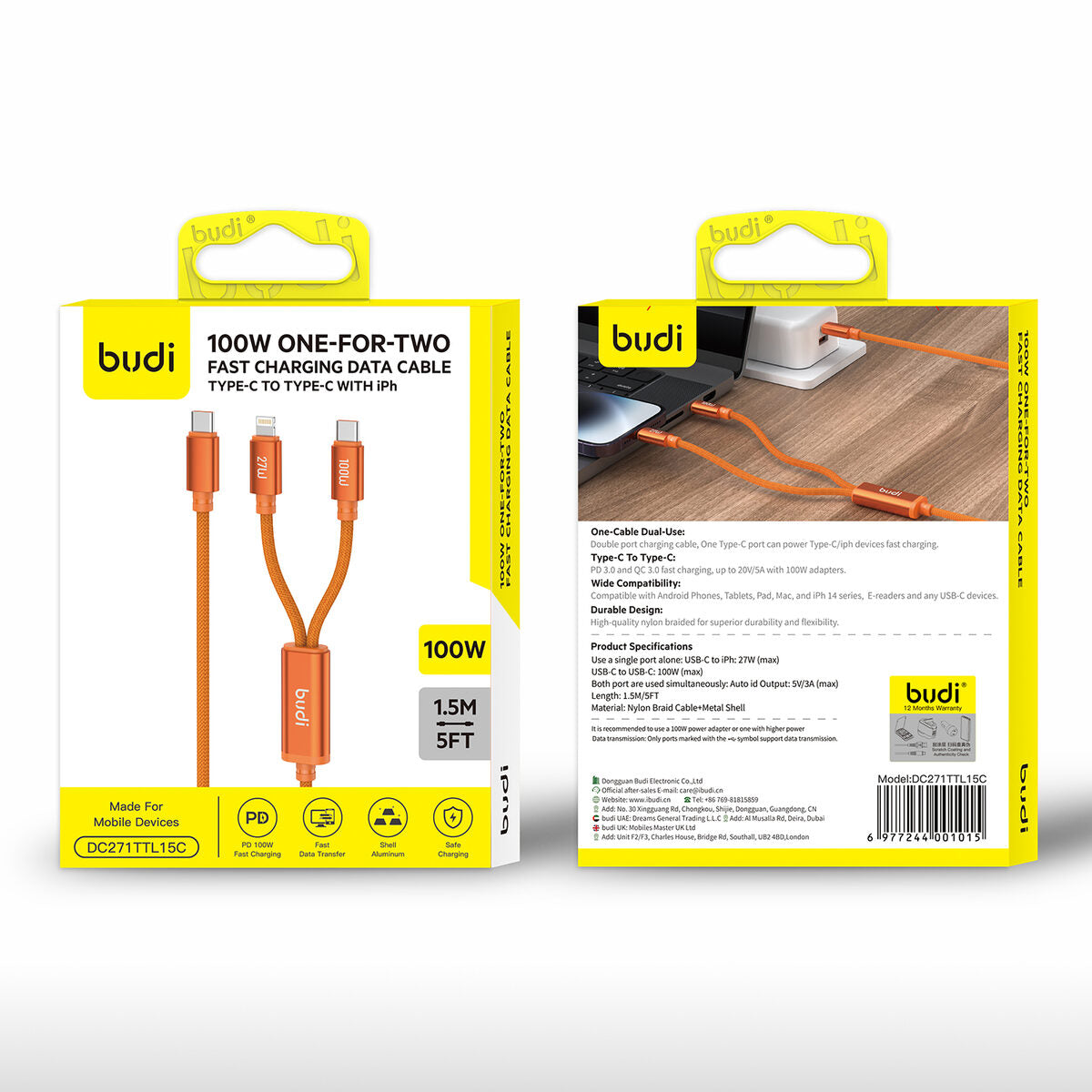 Budi DC271TTL15C — Kabel 2-in-1, 100W, 1.5 m, oranje