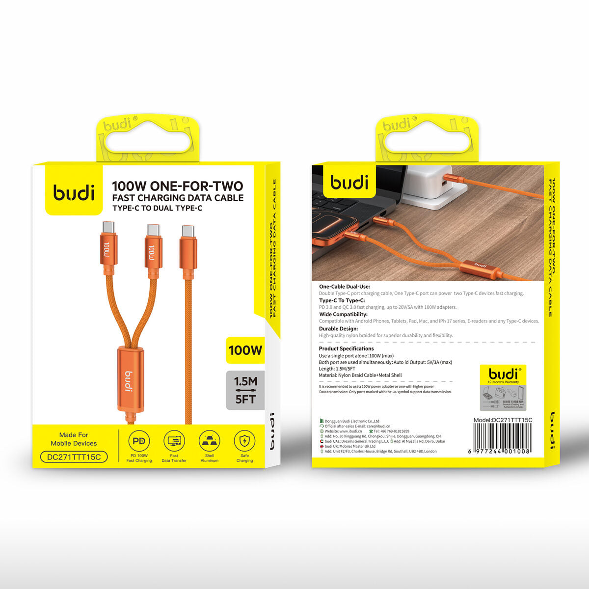 Budi DC271TTT15C — Kabel 2-in-1, 100W, 1.5 m, oranje