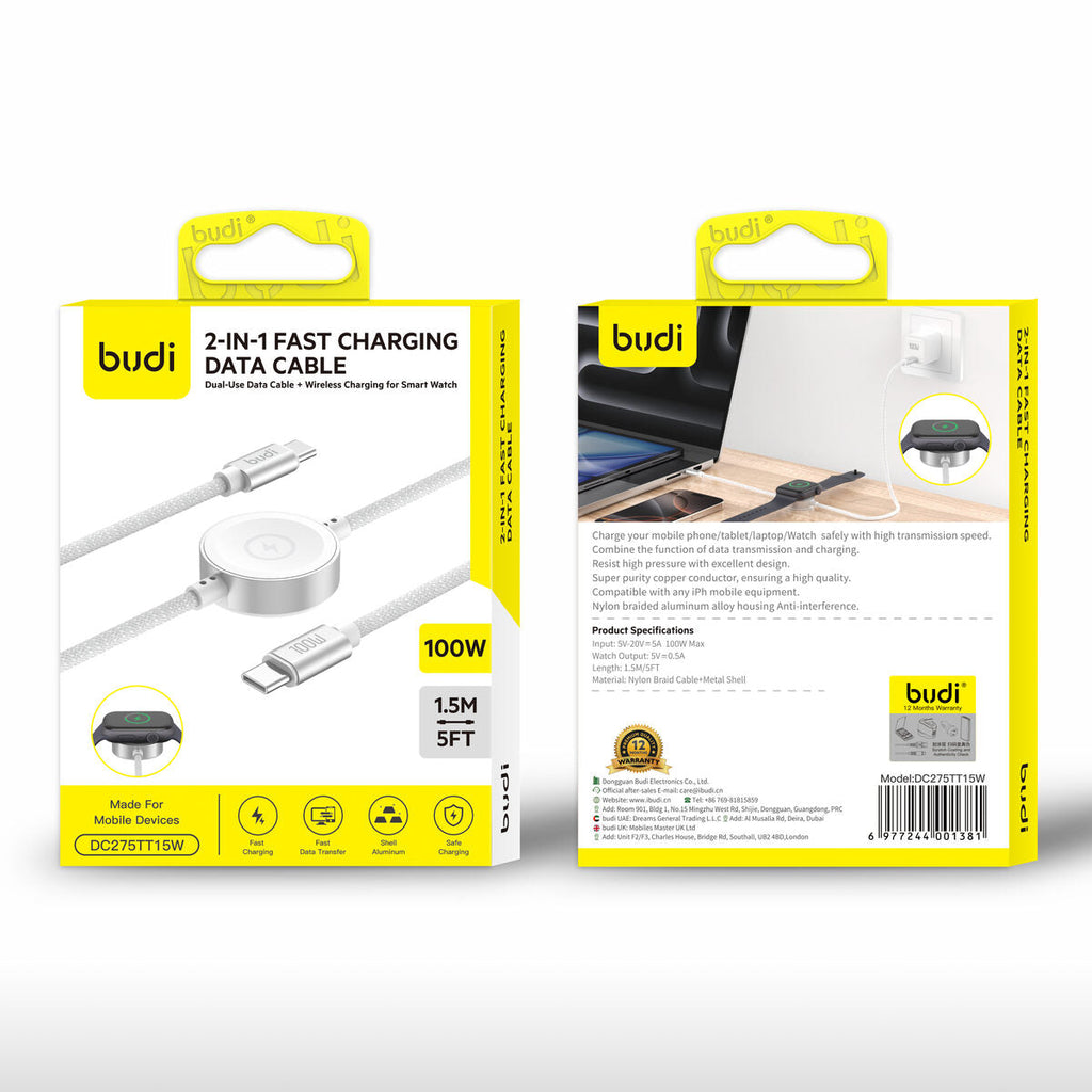 Budi DC275TT15W — Kabel 2-in-1, 100W, 1.5 m, wit