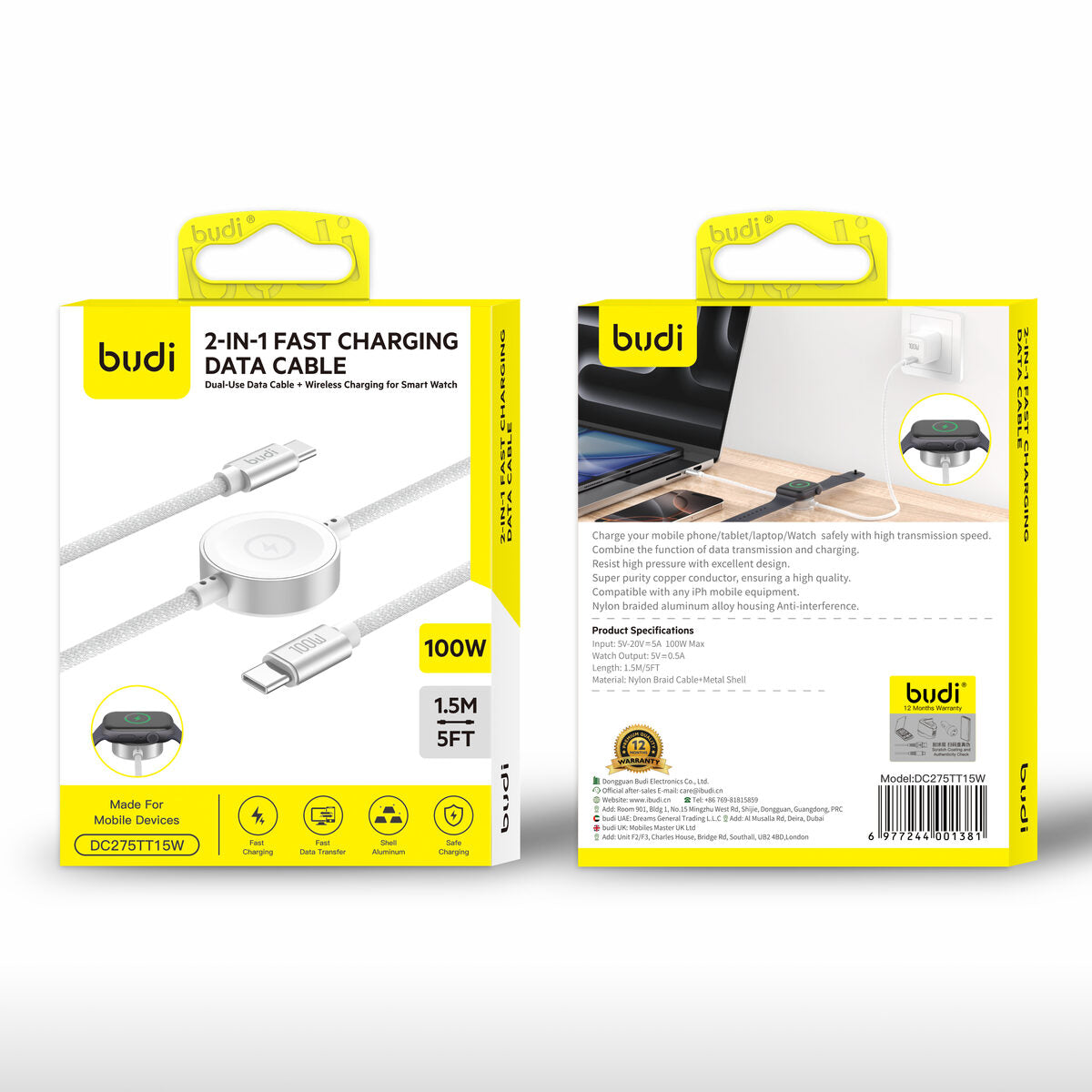 Budi DC275TT15W — Kabel 2-in-1, 100W, 1.5 m, wit