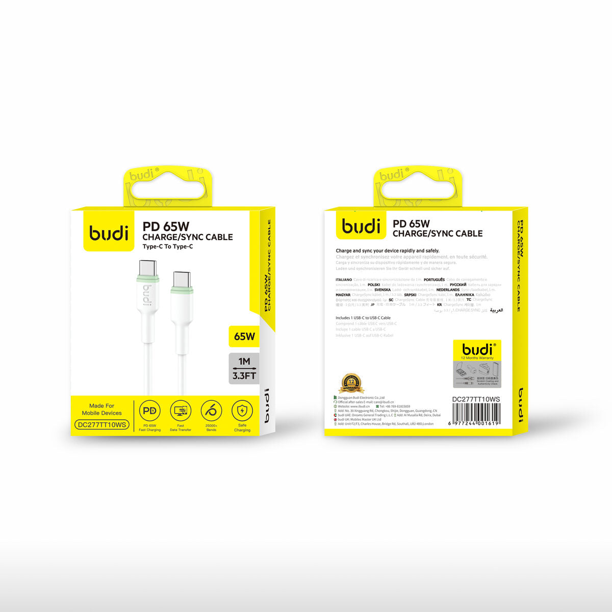 Budi DC277TT10WS — Kabel USB-C naar USB-C, 65W, 1 m, wit
