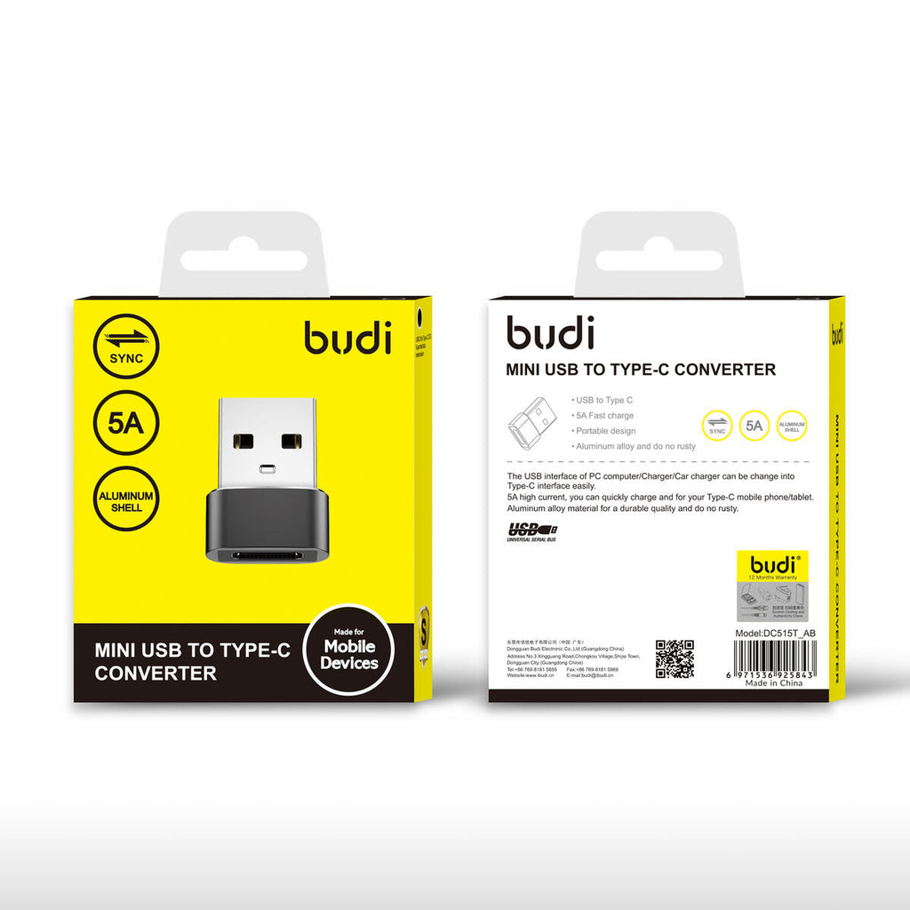 Budi DC515T-AB — Kabel USB-A naar USB-C, zwart