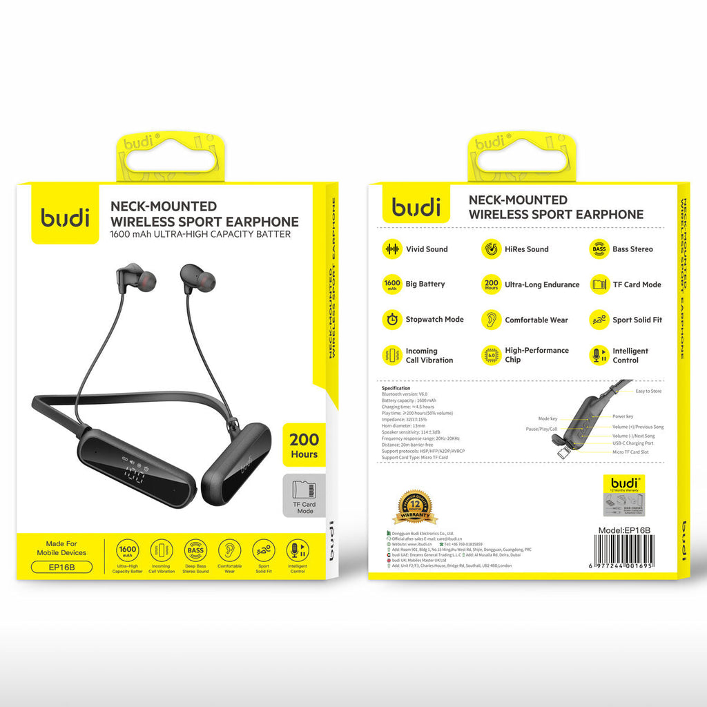 Budi EP16B — Draadloze oordopjes 1600 mAh, 20 m, zwart