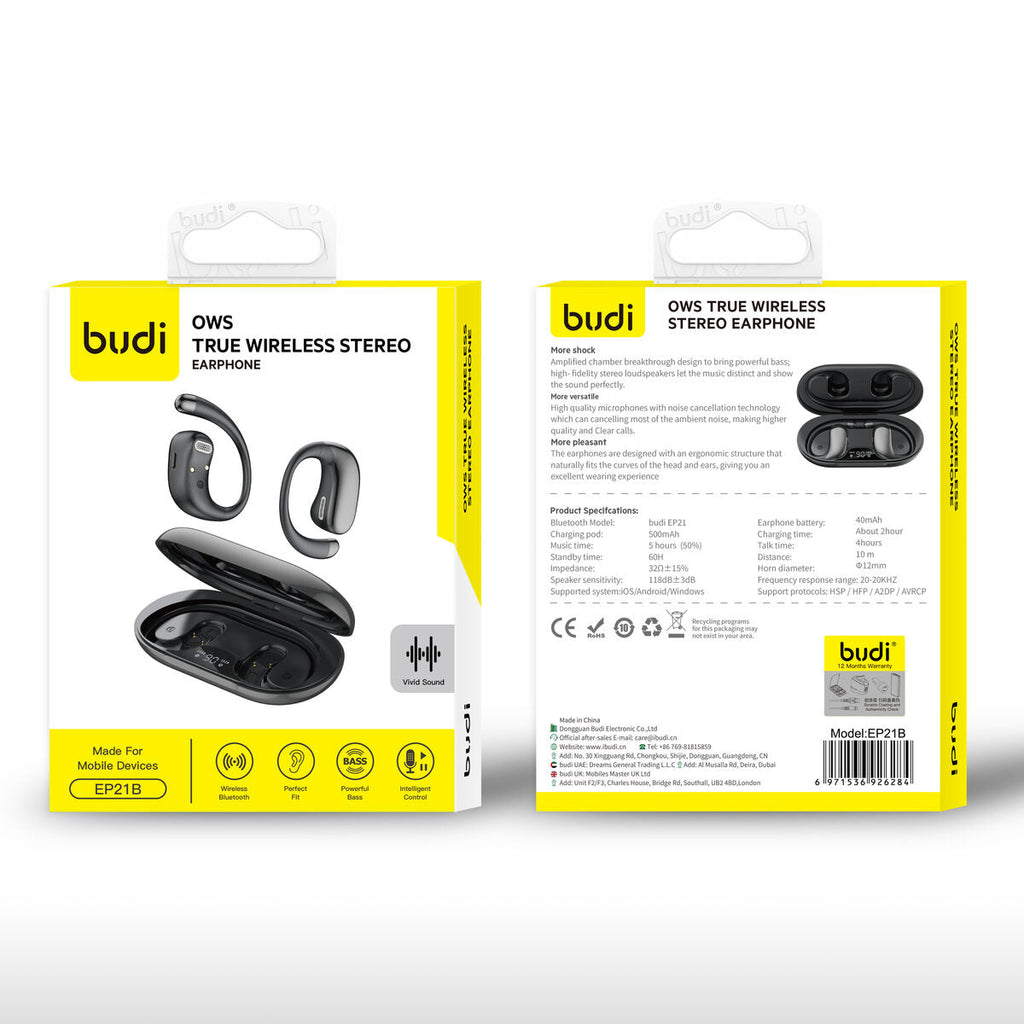 Budi EP21B — Draadloze oordopjes 500 mAh, 1.0 m, zwart
