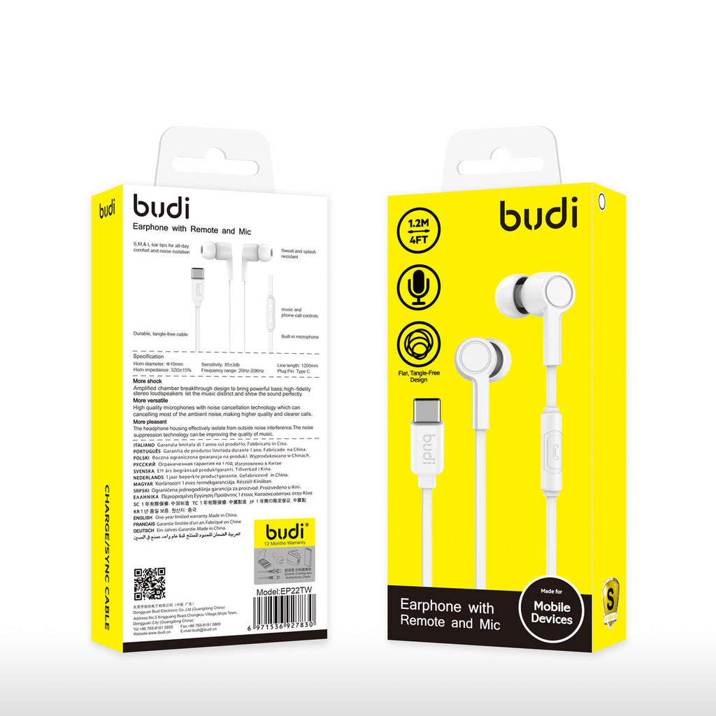 Budi EP22TB — Oordopjes 1.2 m, zwart / wit