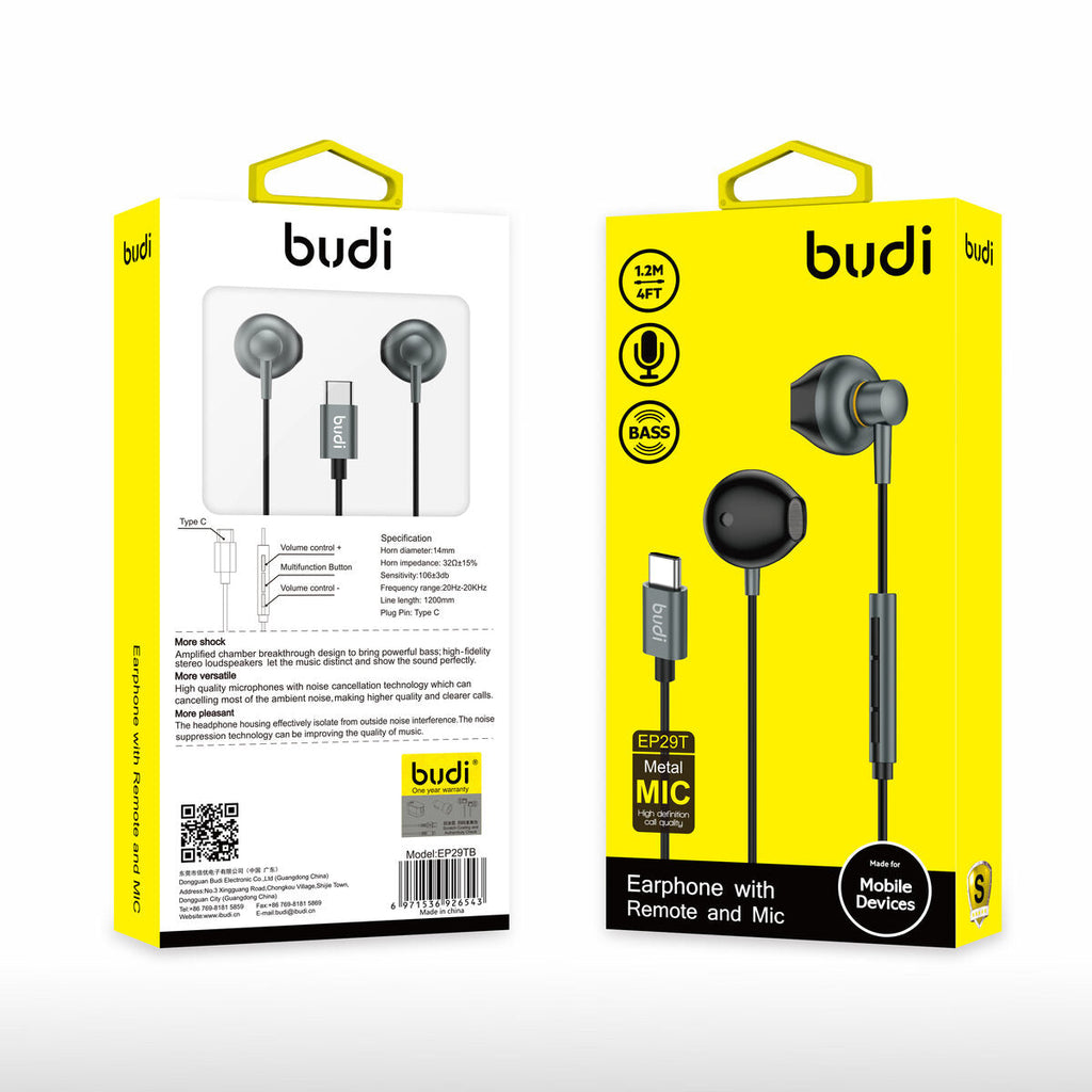 Budi EP29TB — Oordopjes 1.2 m, zwart