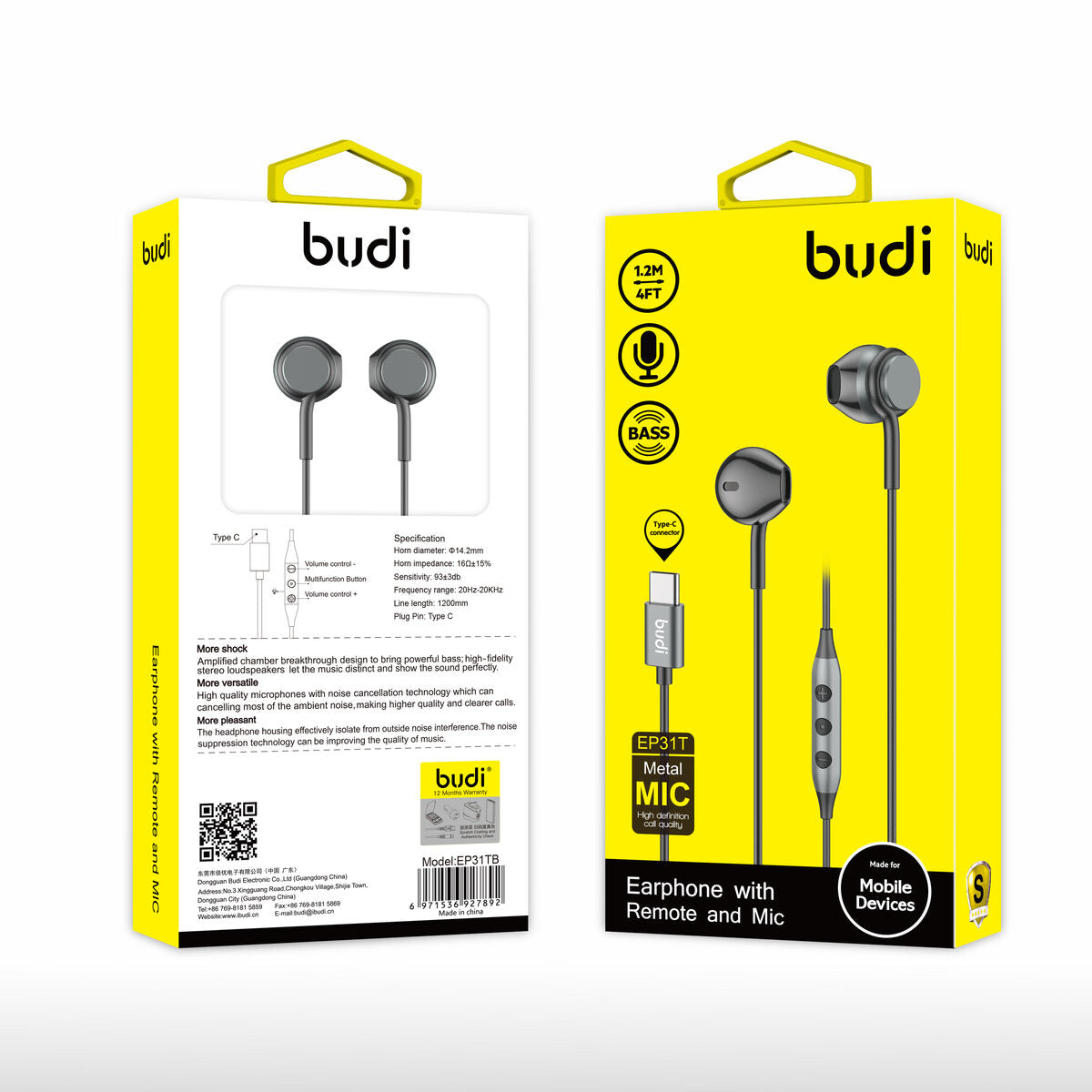 Budi EP31TB — Oordopjes 1.2 m, zwart