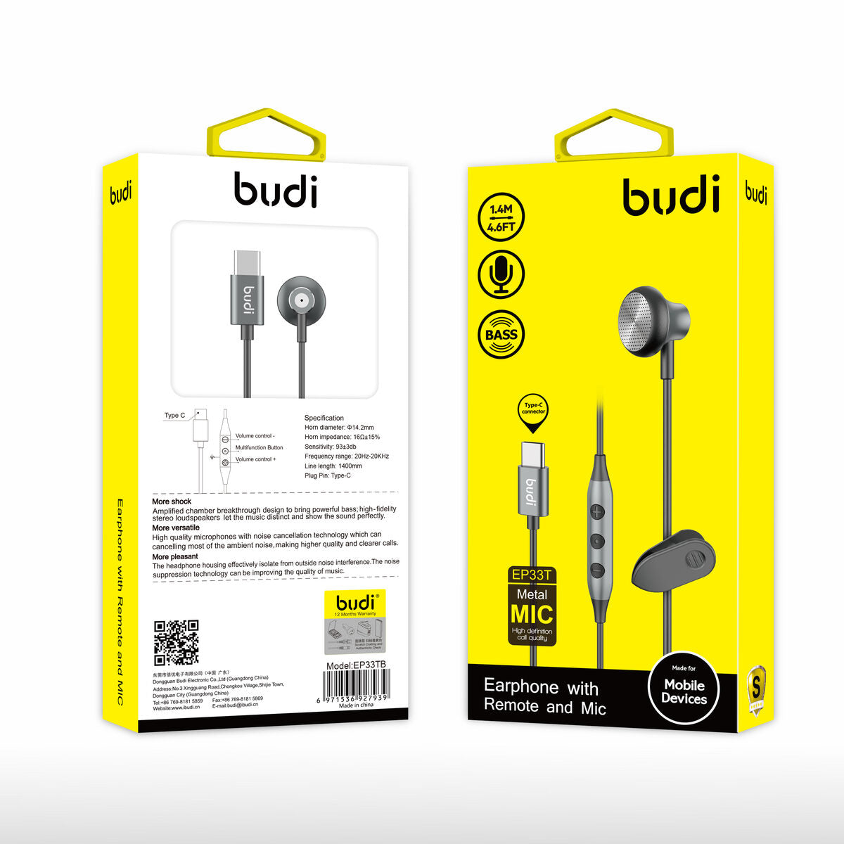 Budi EP33TB — Oordopjes 1.4 m, zwart