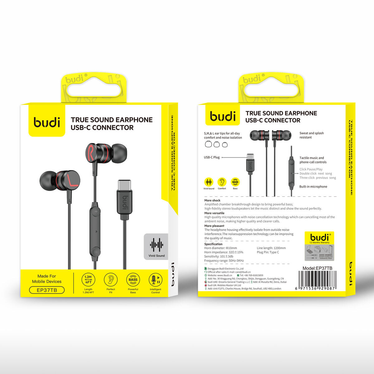 Budi EP37TB — Oordopjes 1.2 m, zwart