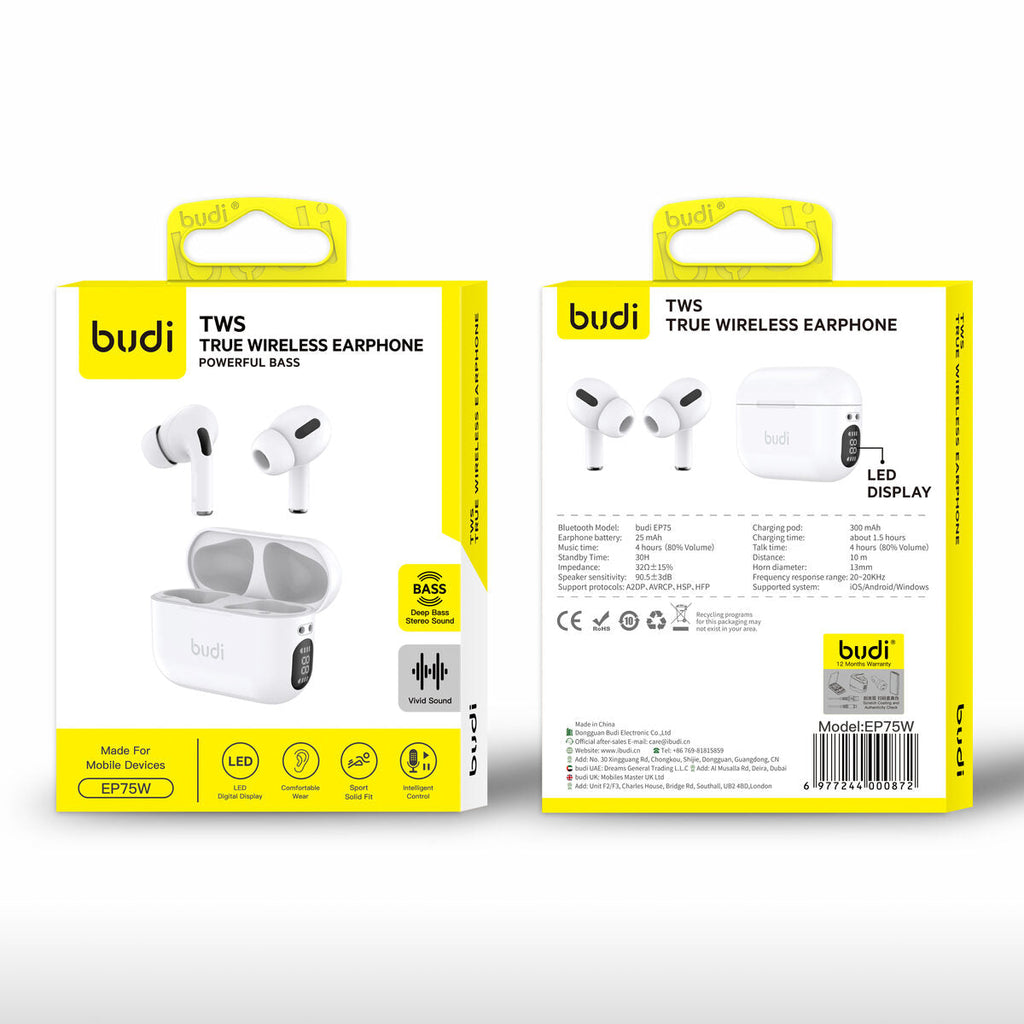 Budi EP75W — Draadloze oordopjes 300 mAh, 10 m, wit