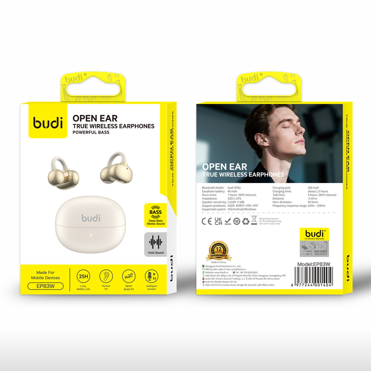 Budi EP83 — Draadloze oordopjes 300 mAh, 10 m, wit / zwart