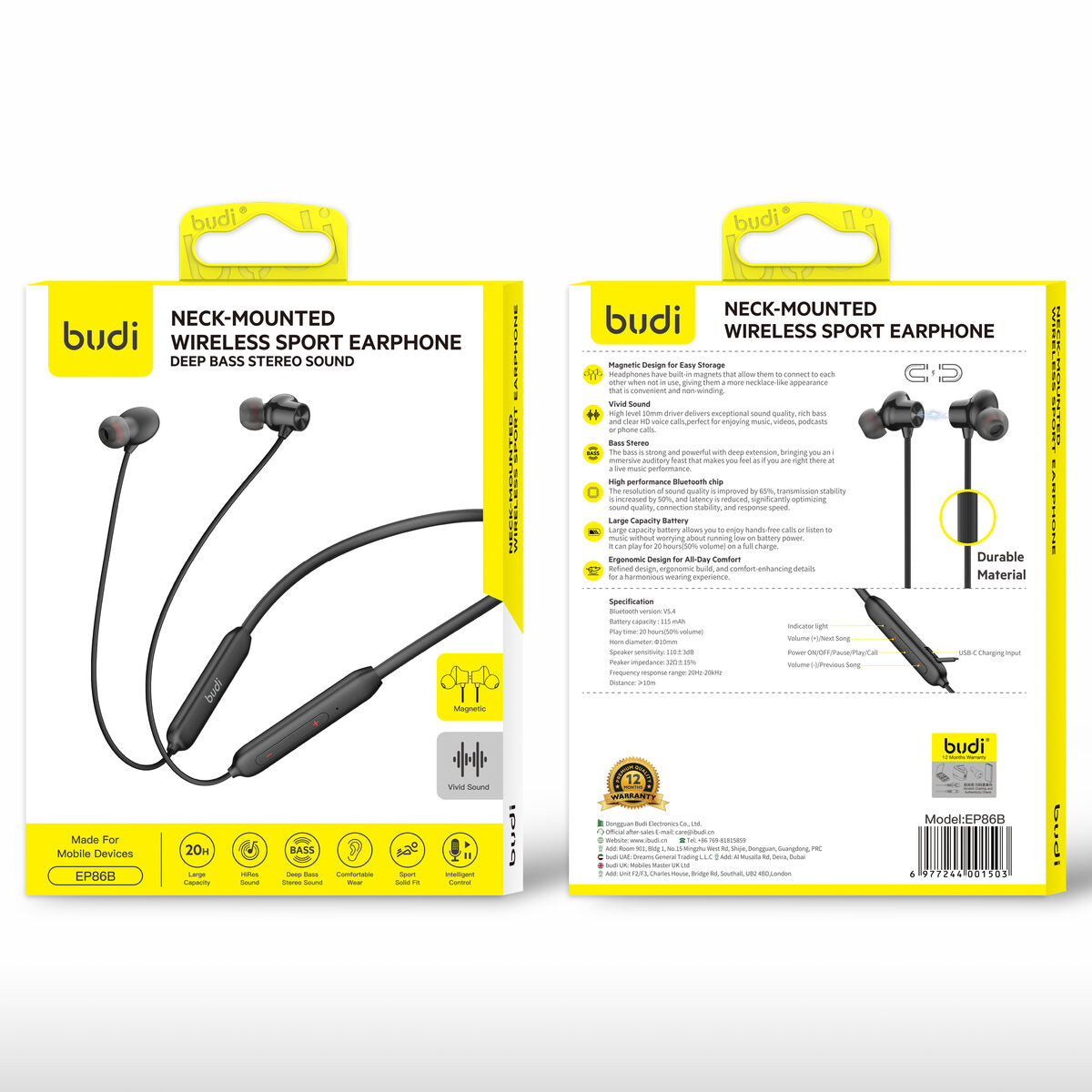 Budi EP86B — Draadloze oordopjes 115 mAh, 10 m, zwart