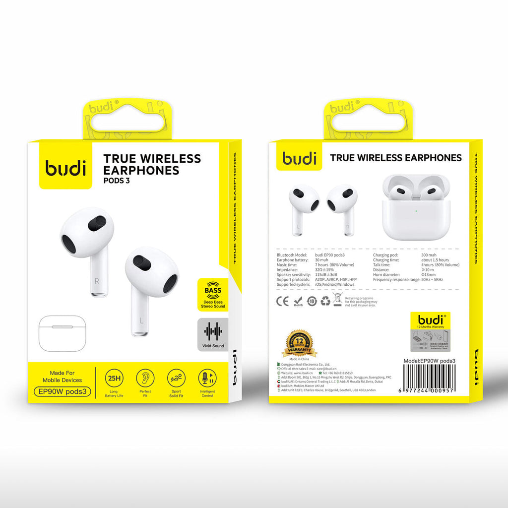 Budi EP90W — Draadloze oordopjes 300 mAh, 10 m, wit