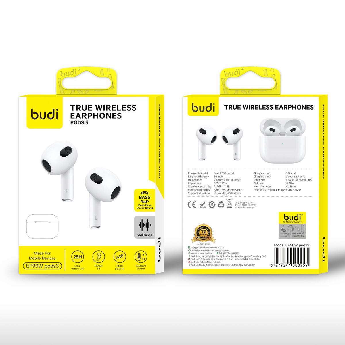 Budi EP90W — Draadloze oordopjes 300 mAh, 10 m, wit