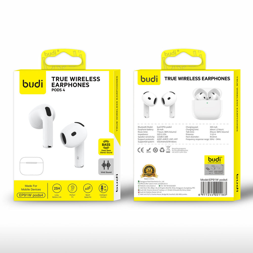 Budi EP91W — Draadloze oordopjes 300 mAh, 10 m, wit