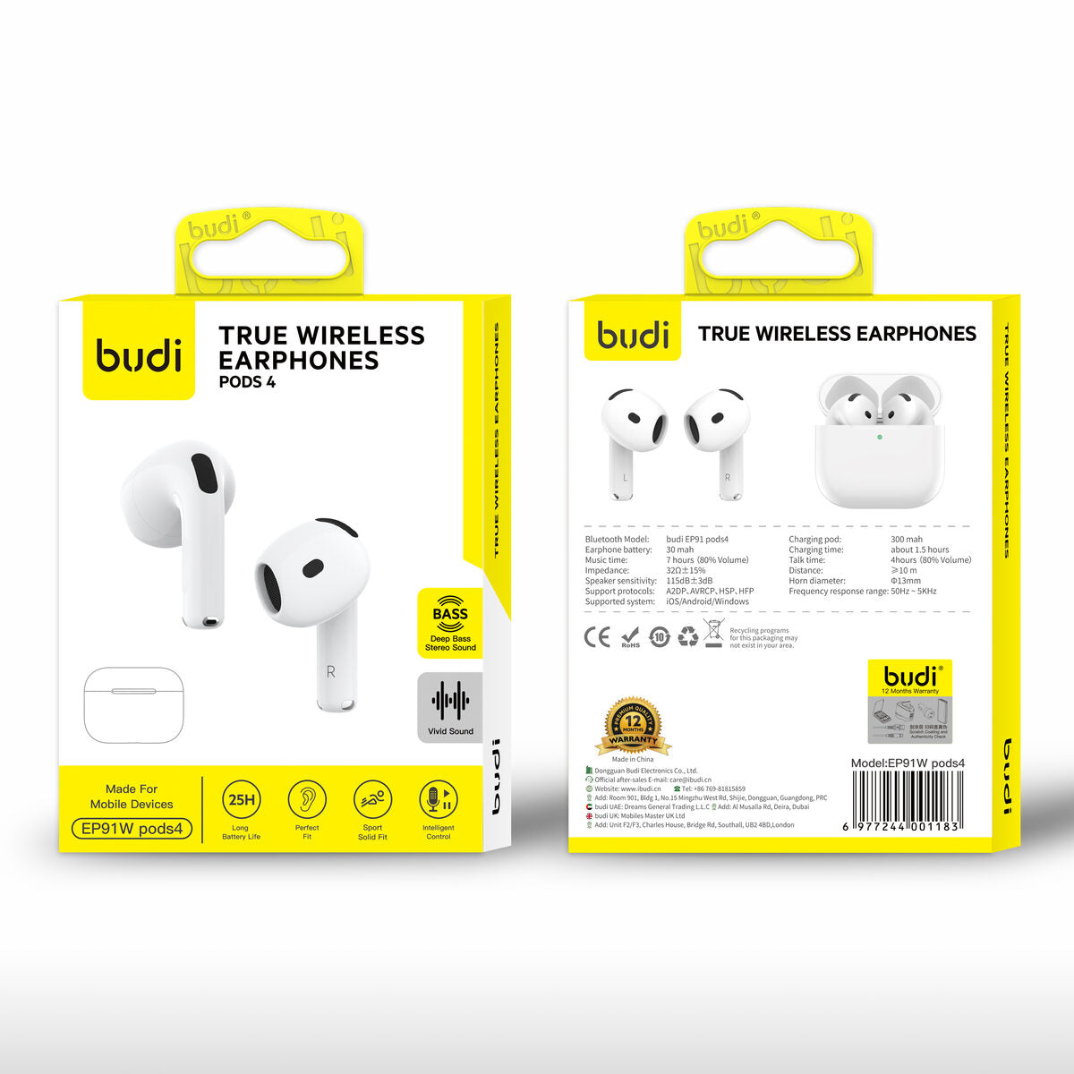 Budi EP91W — Draadloze oordopjes 300 mAh, 10 m, wit