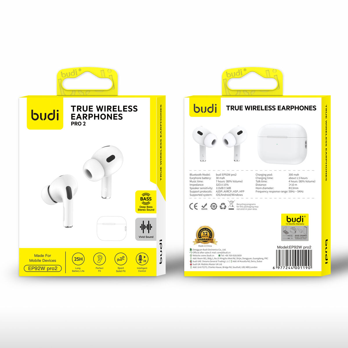 Budi EP92W — Draadloze oordopjes 300 mAh, 10 m, wit