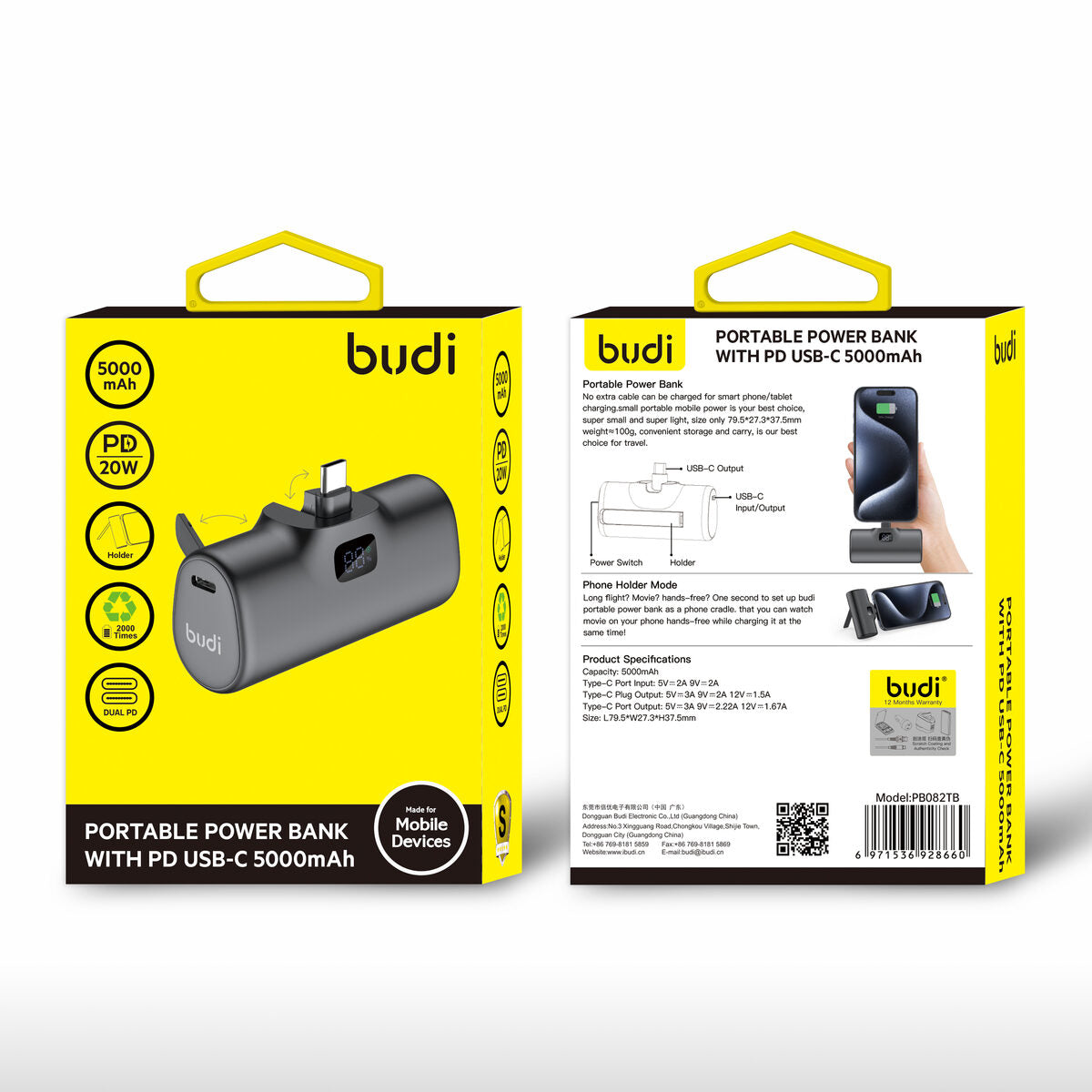 Budi PB082T — Powerbank 20W, 5000 mAh, zwart / wit