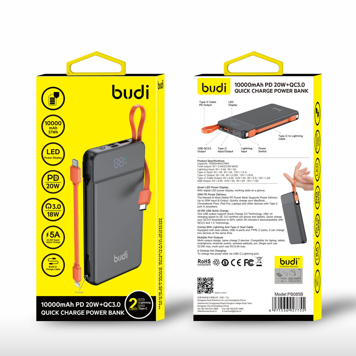 Budi PB085B — Powerbank USB-C naar USB-C, 22.5W, 10000 mAh