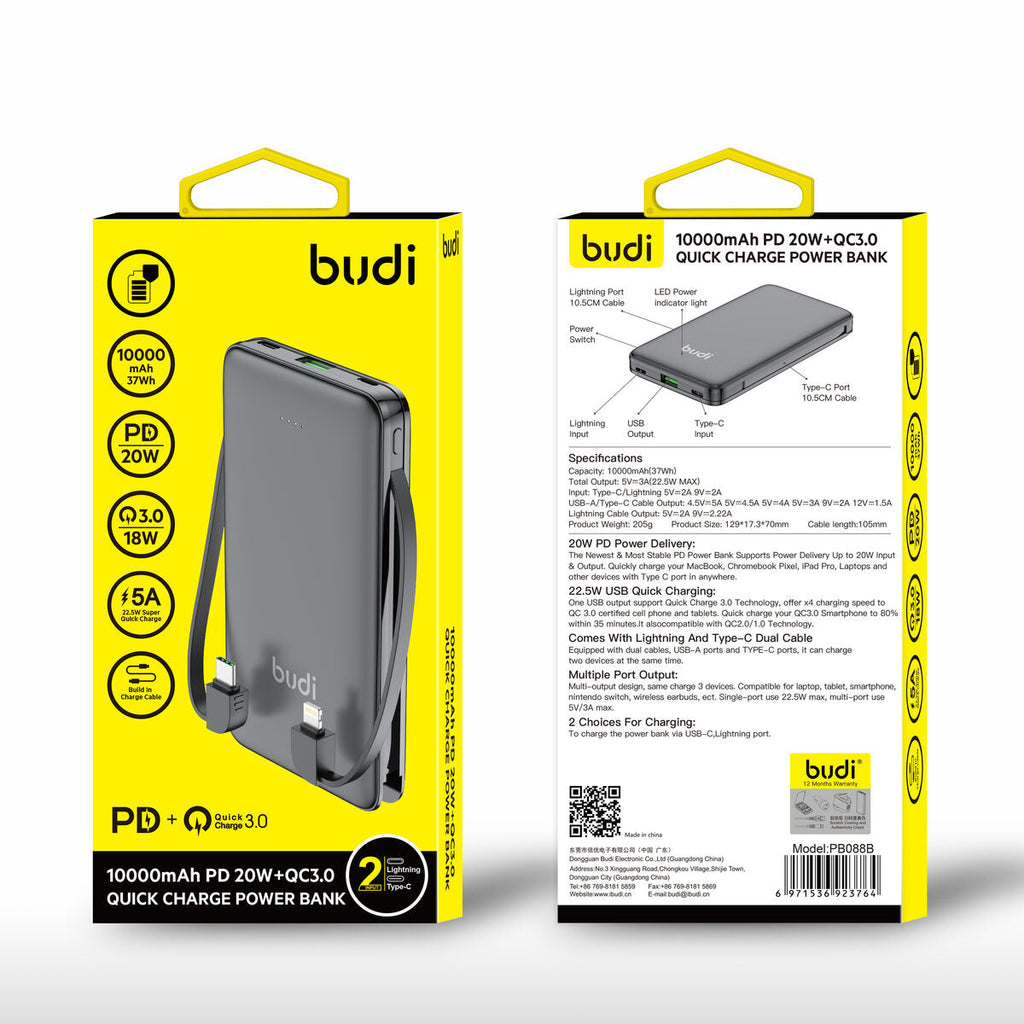 Budi PB088B — Powerbank 20W, 10000 mAh