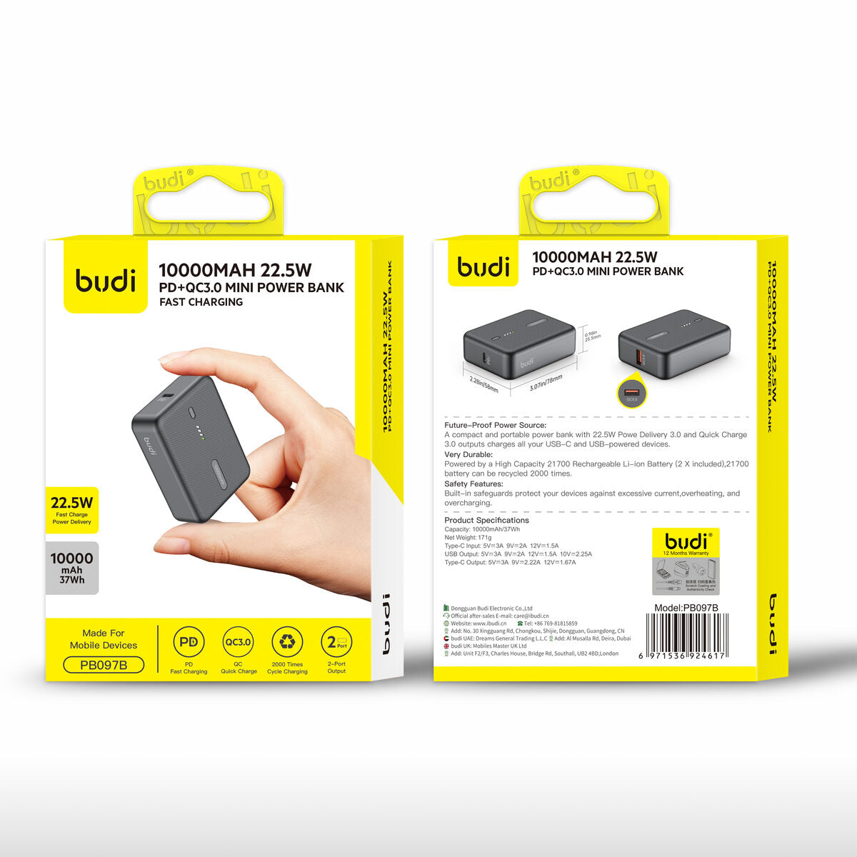 Budi PB097B — Powerbank 22.5W, 10000 mAh, zwart