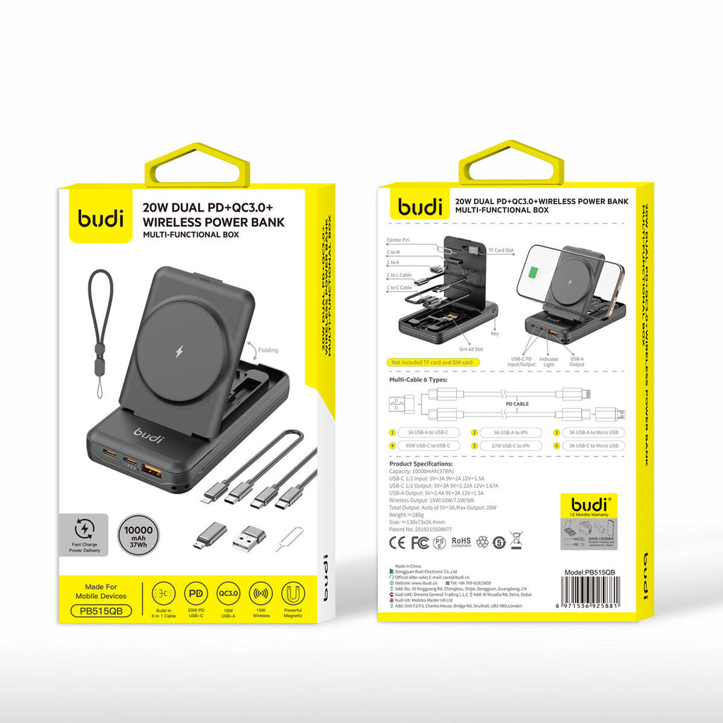 Budi PB515QB — Powerbank 20W, 10000 mAh, zwart