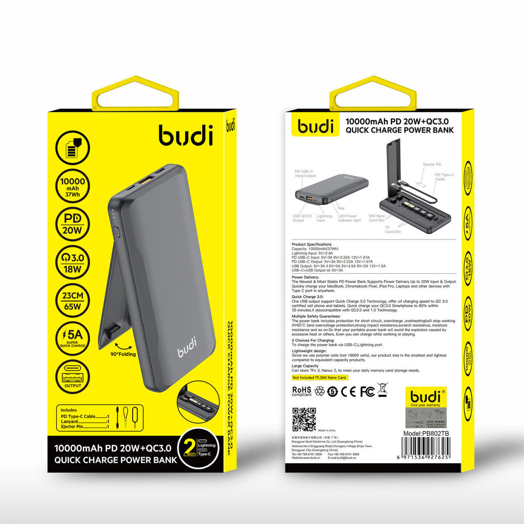 Budi PB802TB — Powerbank USB-C naar USB-C, 65W, 10000 mAh