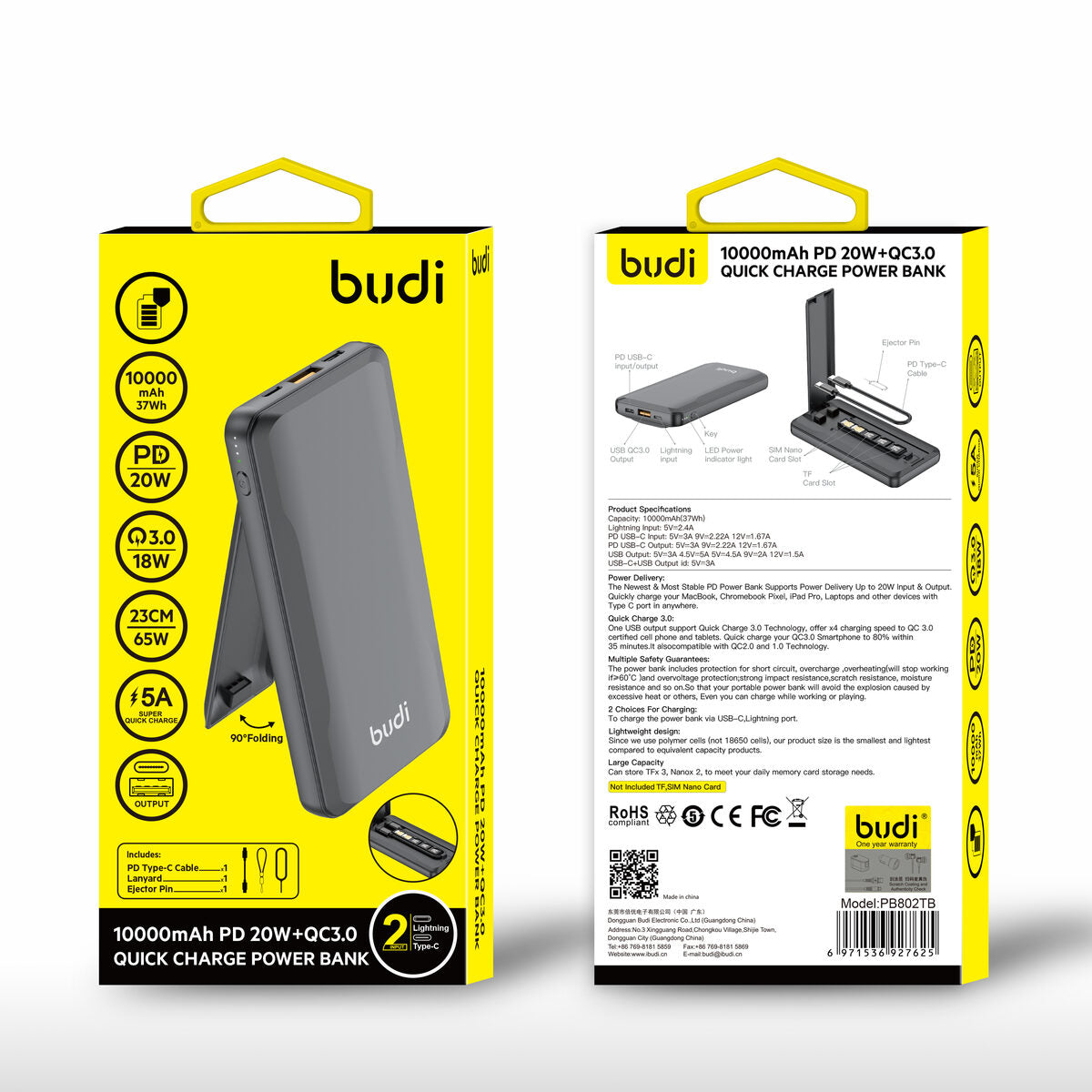 Budi PB802TB — Powerbank USB-C naar USB-C, 65W, 10000 mAh