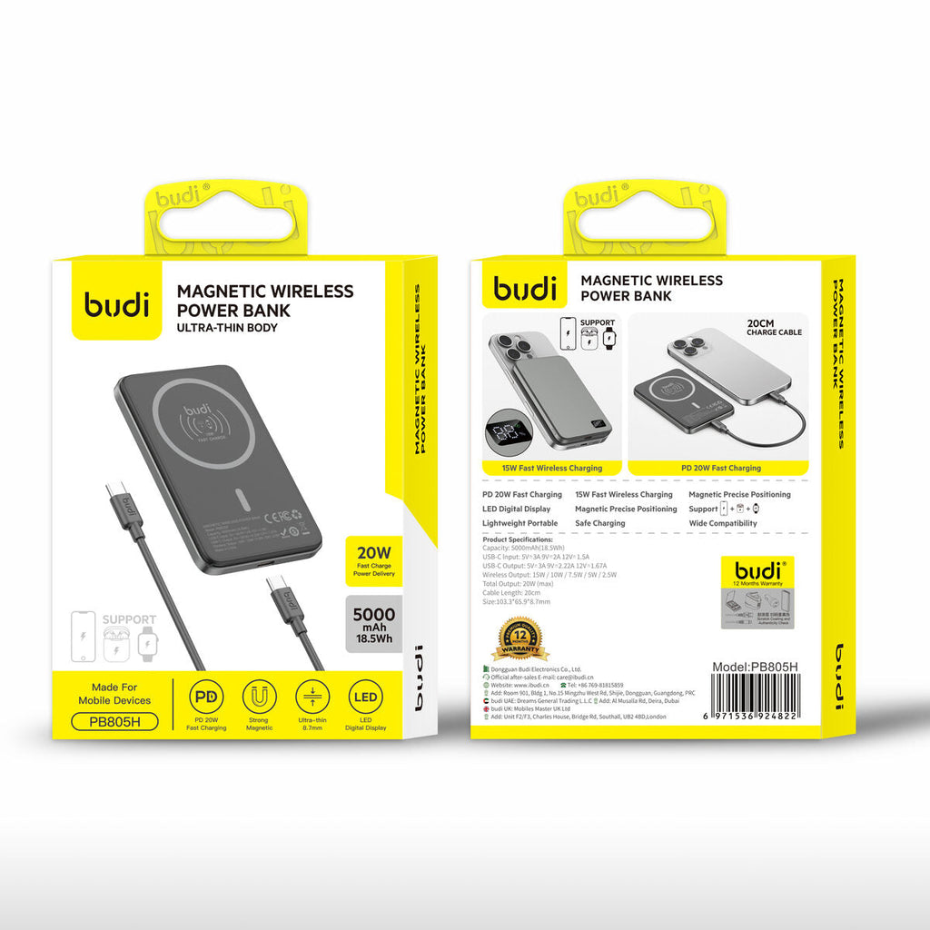 Budi PB805H — Powerbank USB-C naar USB-C, 20W, 50000 mAh, 0.2 m, zwart