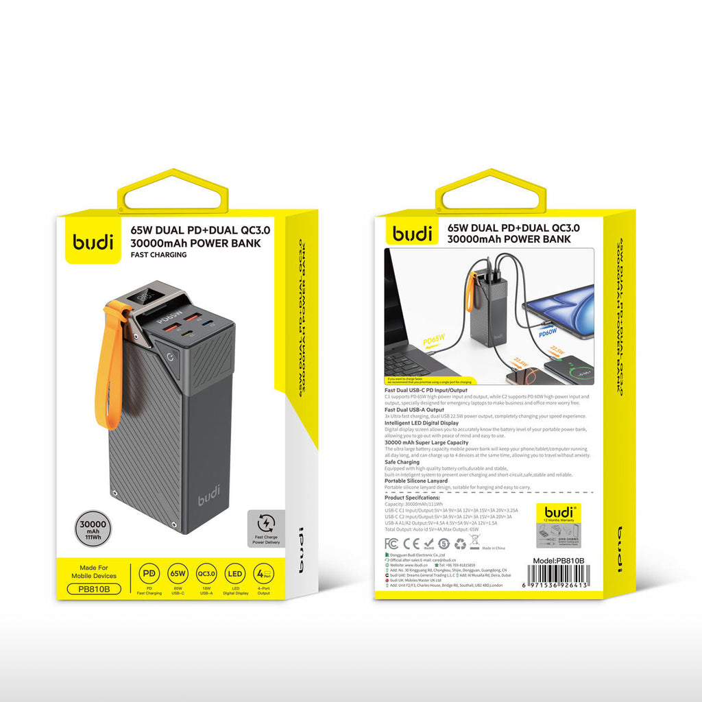 Budi PB810B — Powerbank 65W, 30000 mAh, zwart
