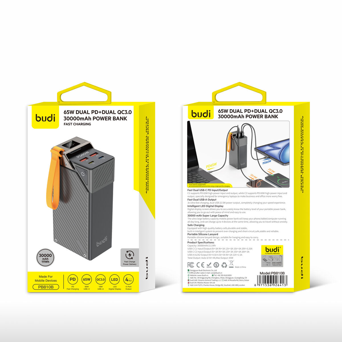 Budi PB810B — Powerbank 65W, 30000 mAh, zwart