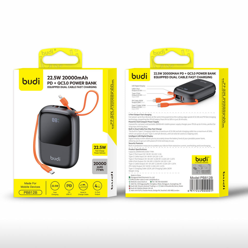 Budi PB812B — Powerbank 22.5W, 20000 mAh, zwart