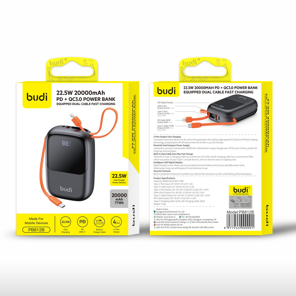 Budi PB812B — Powerbank 22.5W, 20000 mAh, zwart