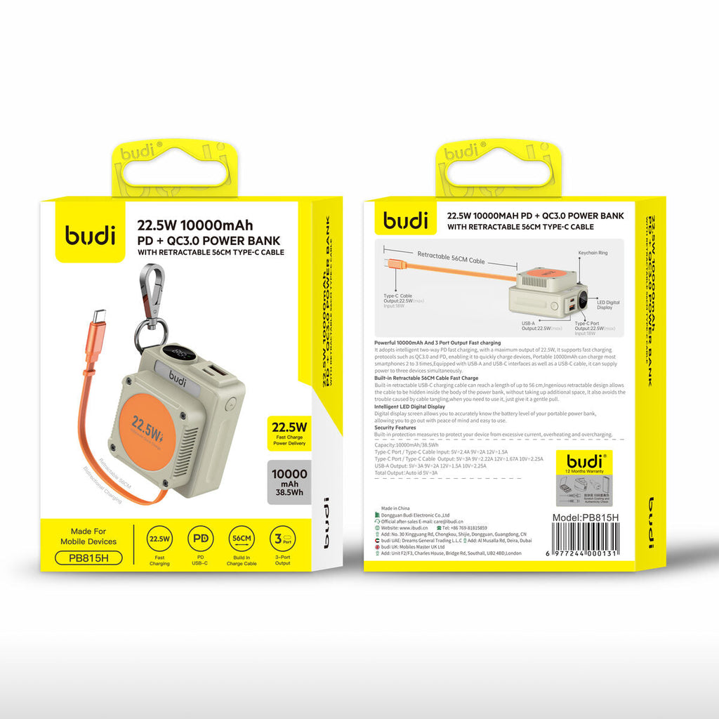 Budi PB815H — Powerbank 22.5W, 10000 mAh, grijs