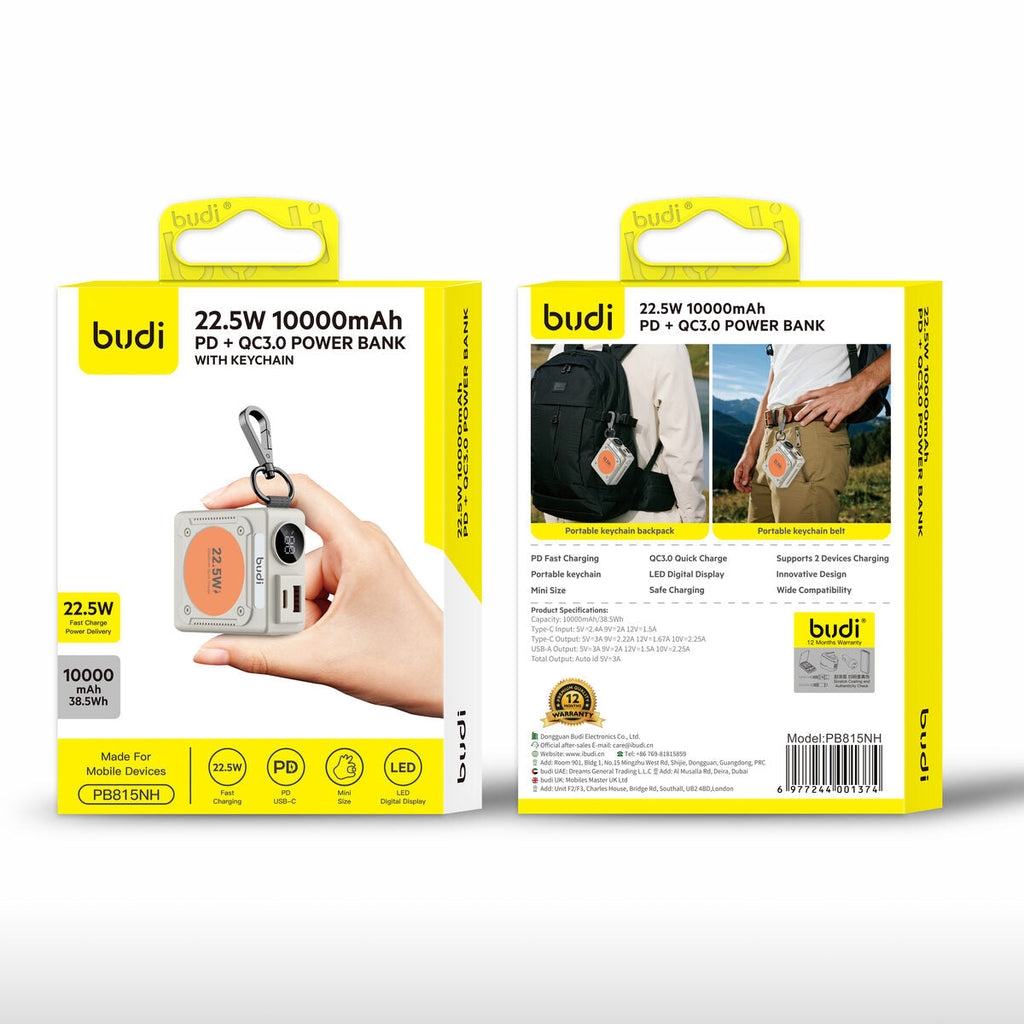 Budi PB815NH — Powerbank 22.5W, 10000 mAh, grijs