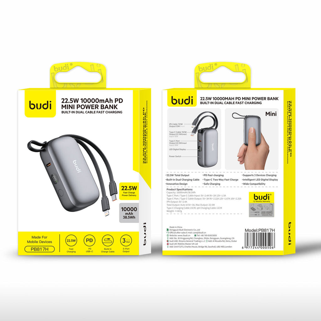 Budi PB817H — Powerbank 22.5W, 10000 mAh, grijs