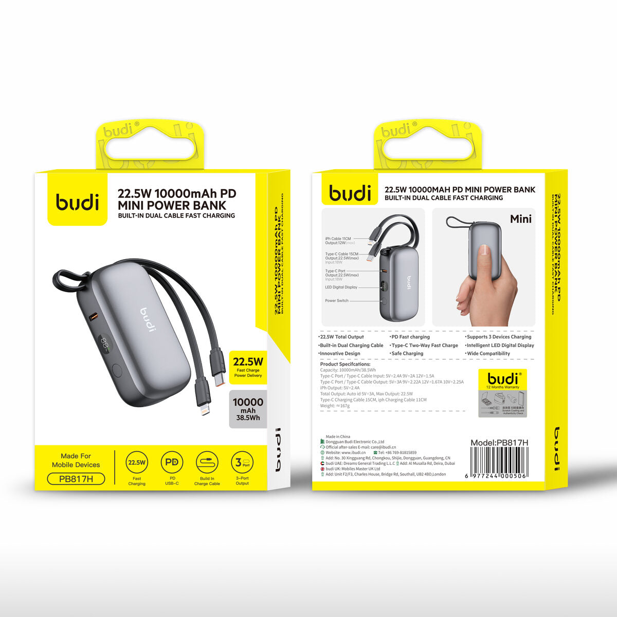 Budi PB817H — Powerbank 22.5W, 10000 mAh, grijs